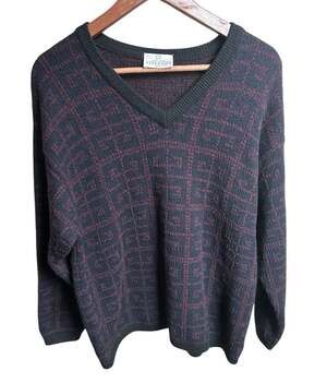 Vintage Givenchy Gentleman Wool Sweater Mens M Geometric V Neck Made in Italy